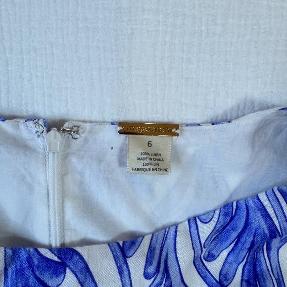 Magaschoni Linen Dress White Blue Summer Women’s 6 Cut Out Resort Wear Vacation - Picture 12 of 16